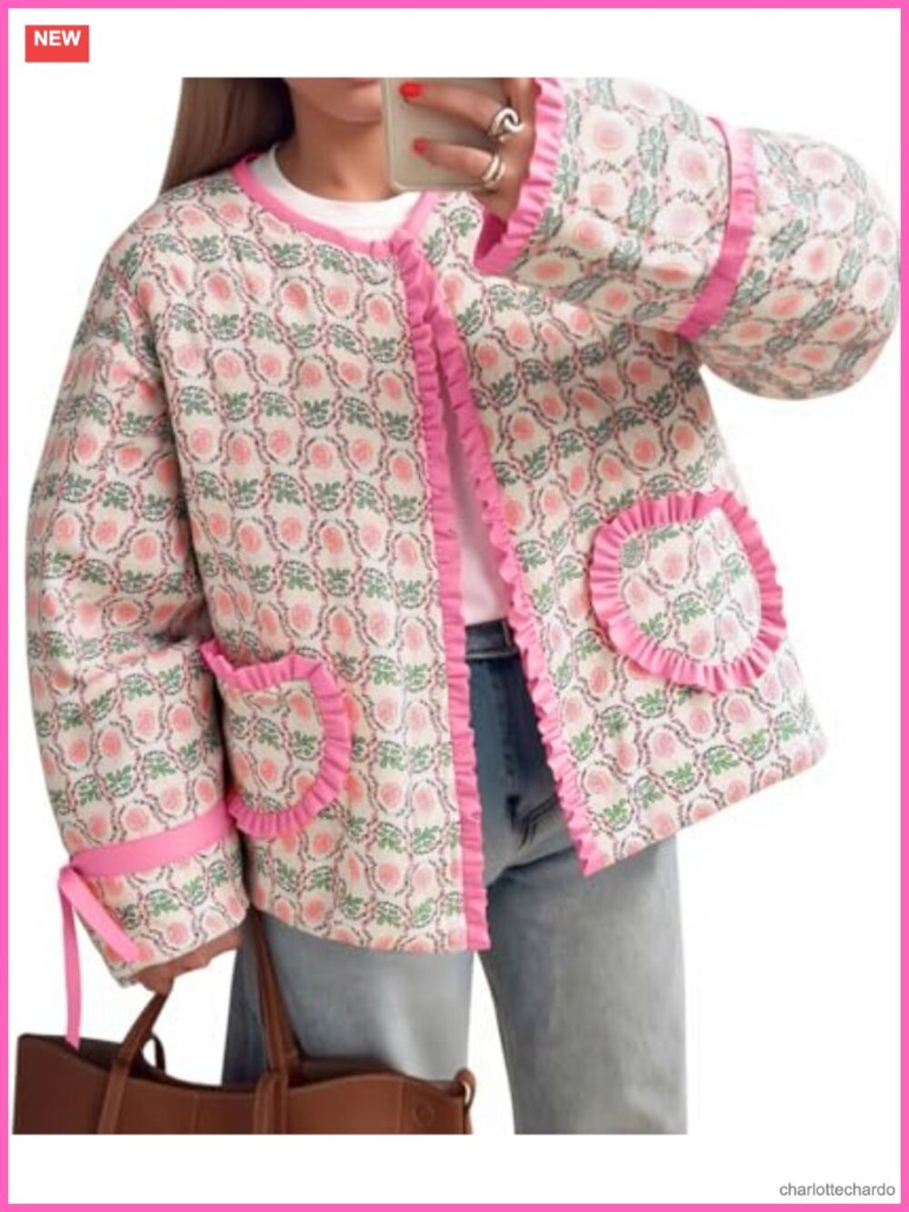 Cropped Floral Quilted Jacket Open Front Lightweight Coat Bow Cuffs